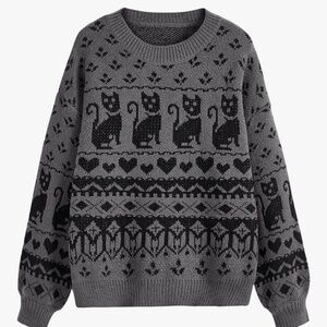 Cat print gray sweater crewneck
